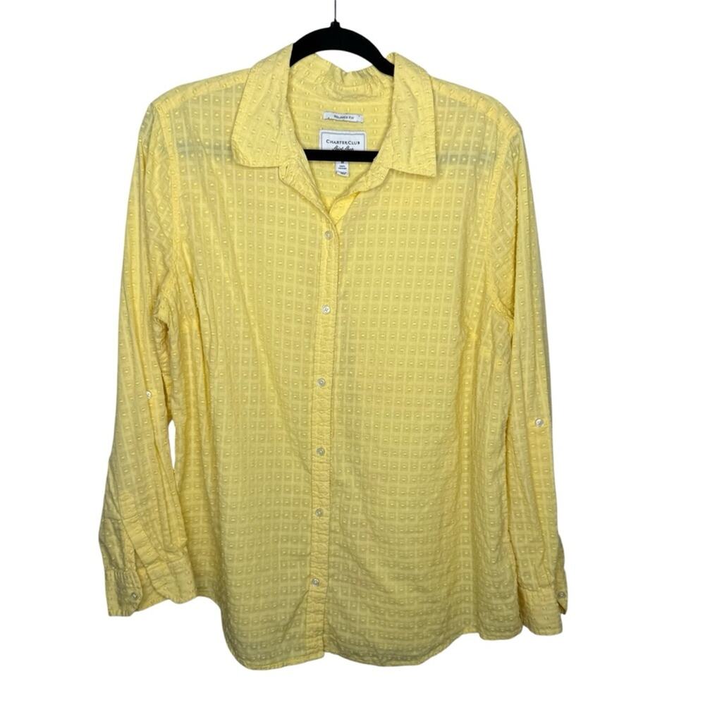 CHARTER CLUB / pastel pale yellow swiss dot textured button down shirt / 18